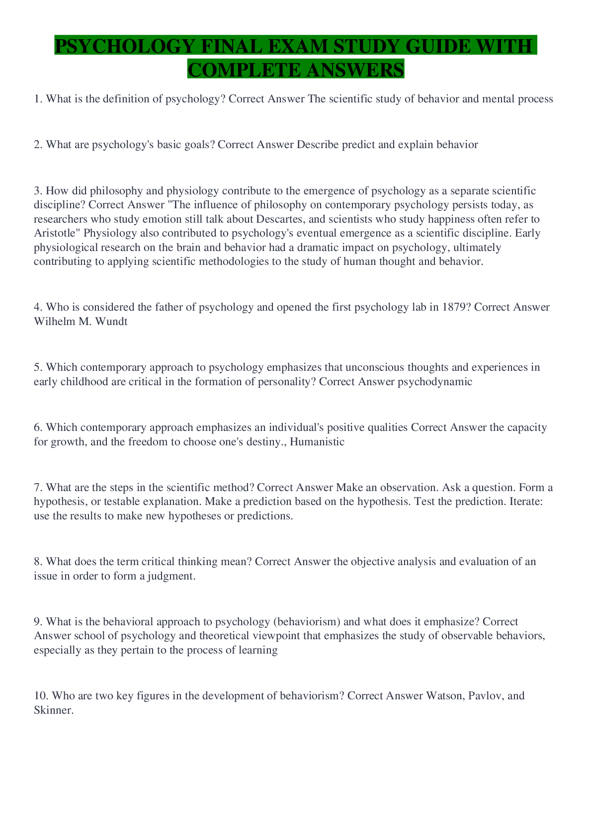 Preview image for PSYCHOLOGY FINAL EXAM STUDY GUIDE WITH COMPLETE ANSWERS